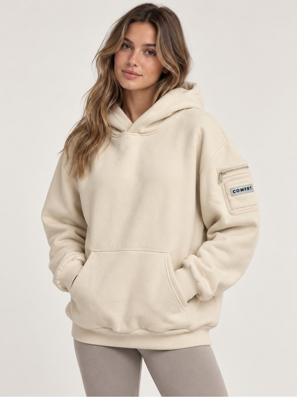 Comfrt Cream Oversized Fleece Hoodie XS Utility Sleeve Pocket